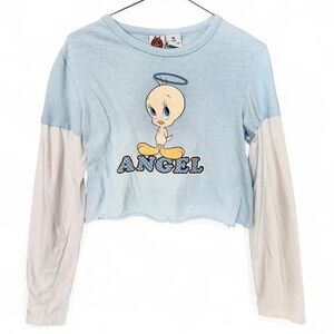 Sz M Y2K Looney Tunes Long Sleeve Baby Blue Tweety Bird Angel Layered Crop Top